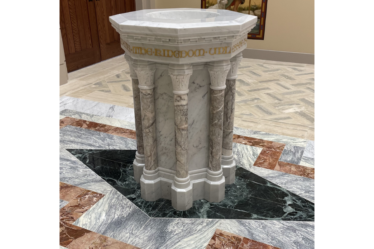 St. John Newman Center – Oklahoma State University , Stillwater, Oklahoma, 2023 – Altar , Ambo, Tabernacle, Baptismal Font and marble flooring