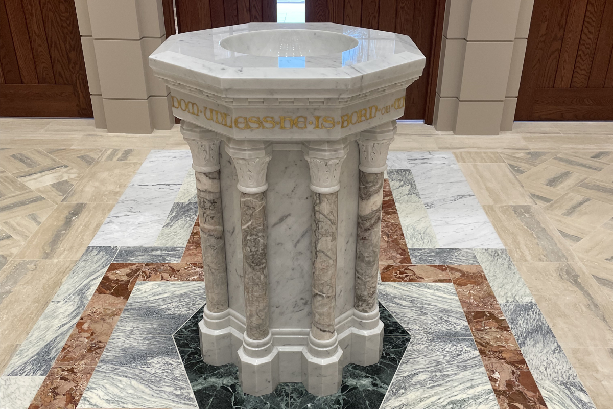 St. John Newman Center – Oklahoma State University , Stillwater, Oklahoma, 2023 – Altar , Ambo, Tabernacle, Baptismal Font and marble flooring