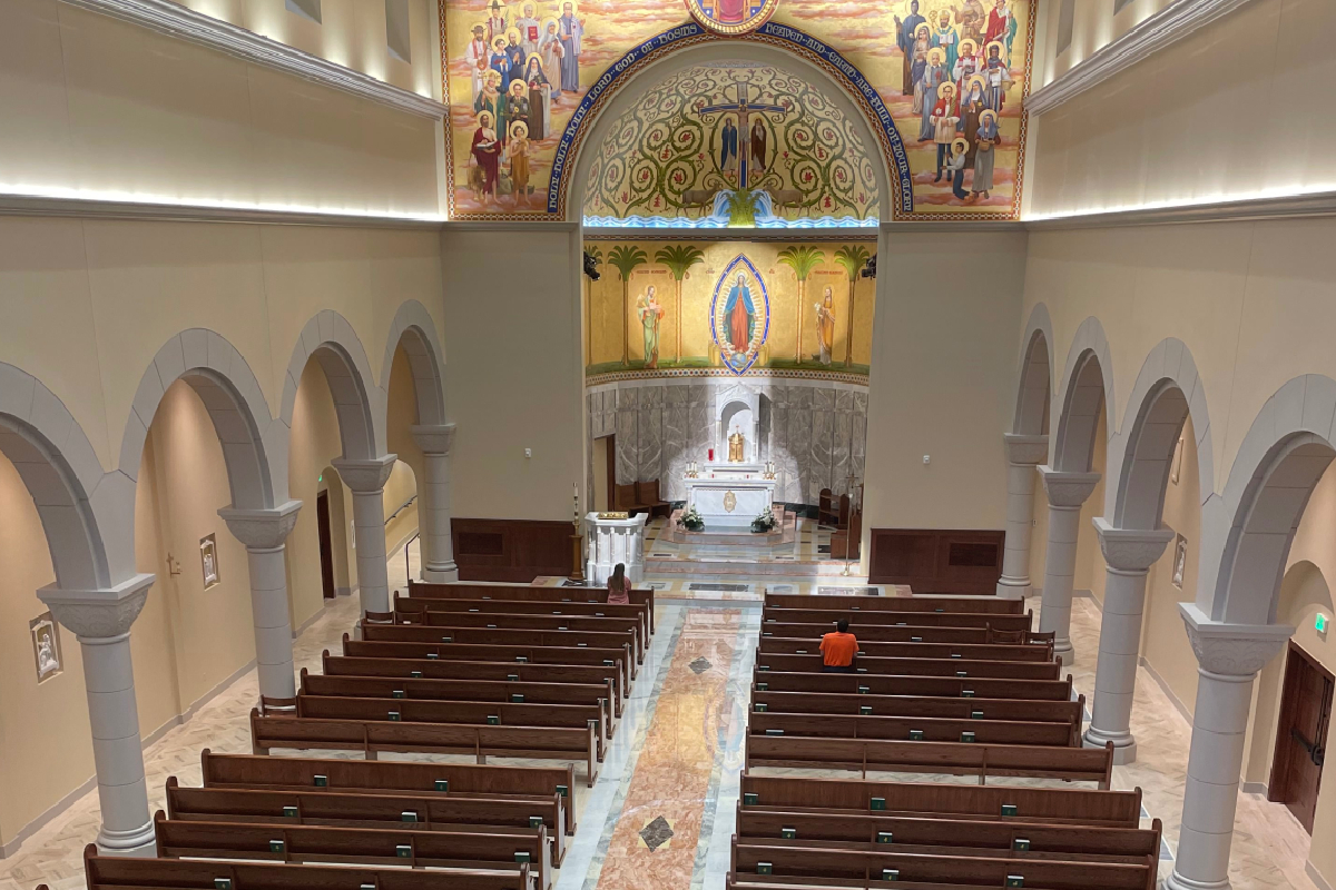 St. John Newman Center – Oklahoma State University , Stillwater, Oklahoma, 2023 – Altar , Ambo, Tabernacle, Baptismal Font and marble flooring