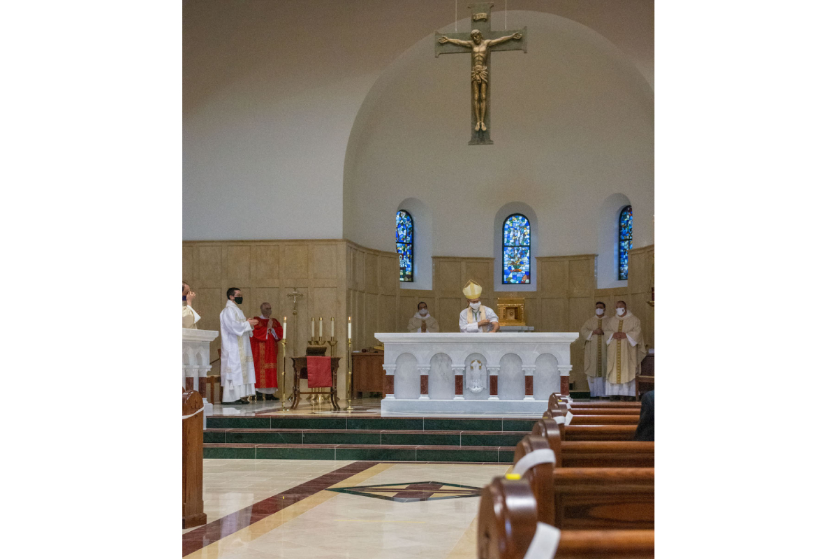 St. Thomas Aquinas University Parish , Charlottesville, Virginia, 2020 – Altar, Ambo, Tabernacle, Baptismal Font and custom multi pattern marble floor