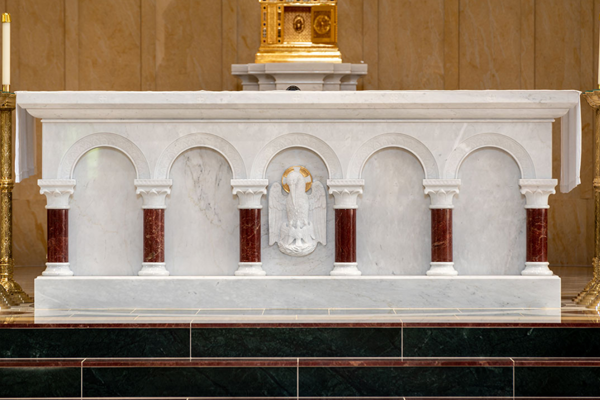 St. Thomas Aquinas University Parish , Charlottesville, Virginia, 2020 – Altar, Ambo, Tabernacle, Baptismal Font and custom multi pattern marble floor