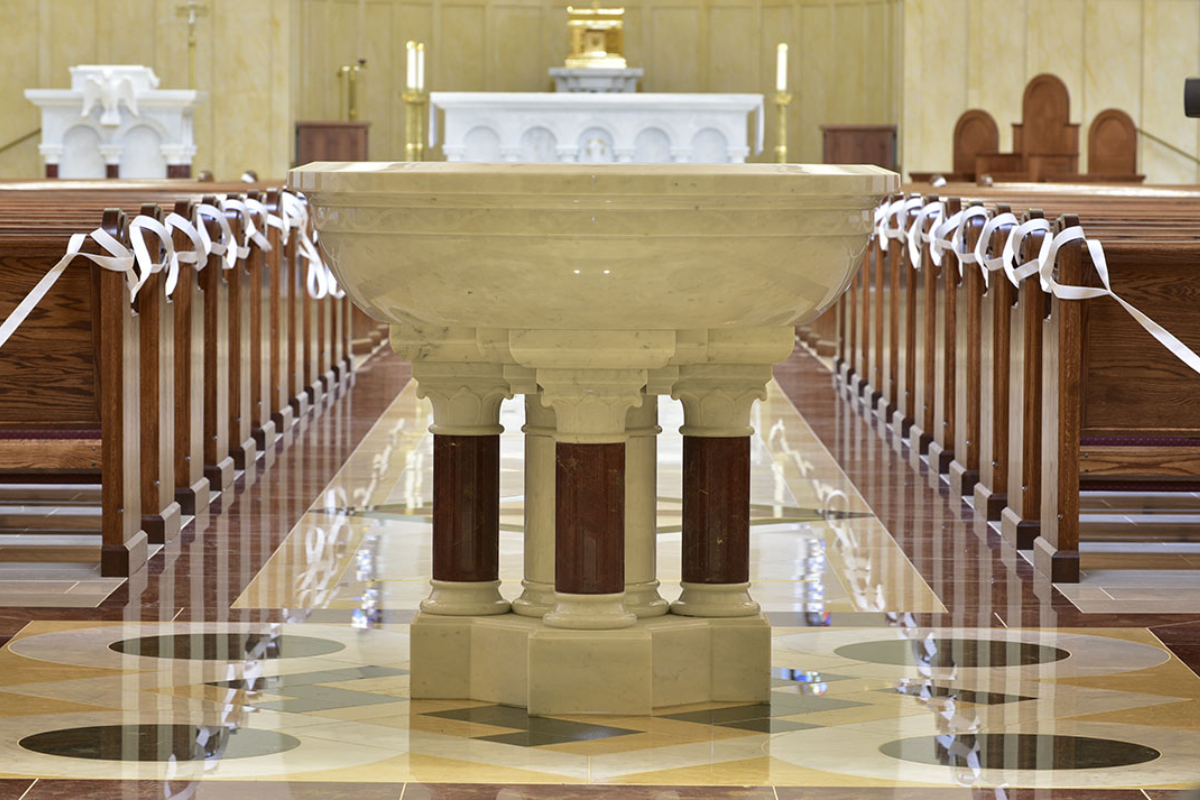 St. Thomas Aquinas University Parish , Charlottesville, Virginia, 2020 – Altar, Ambo, Tabernacle, Baptismal Font and custom multi pattern marble floor