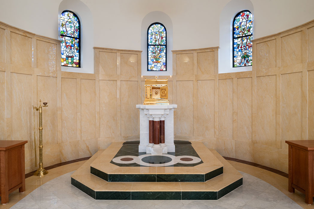 St. Thomas Aquinas University Parish , Charlottesville, Virginia, 2020 – Altar, Ambo, Tabernacle, Baptismal Font and custom multi pattern marble floor