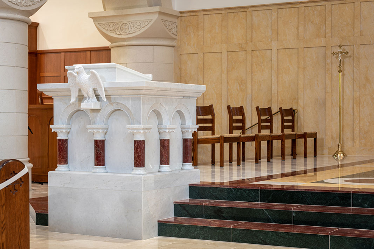 St. Thomas Aquinas University Parish , Charlottesville, Virginia, 2020 – Altar, Ambo, Tabernacle, Baptismal Font and custom multi pattern marble floor