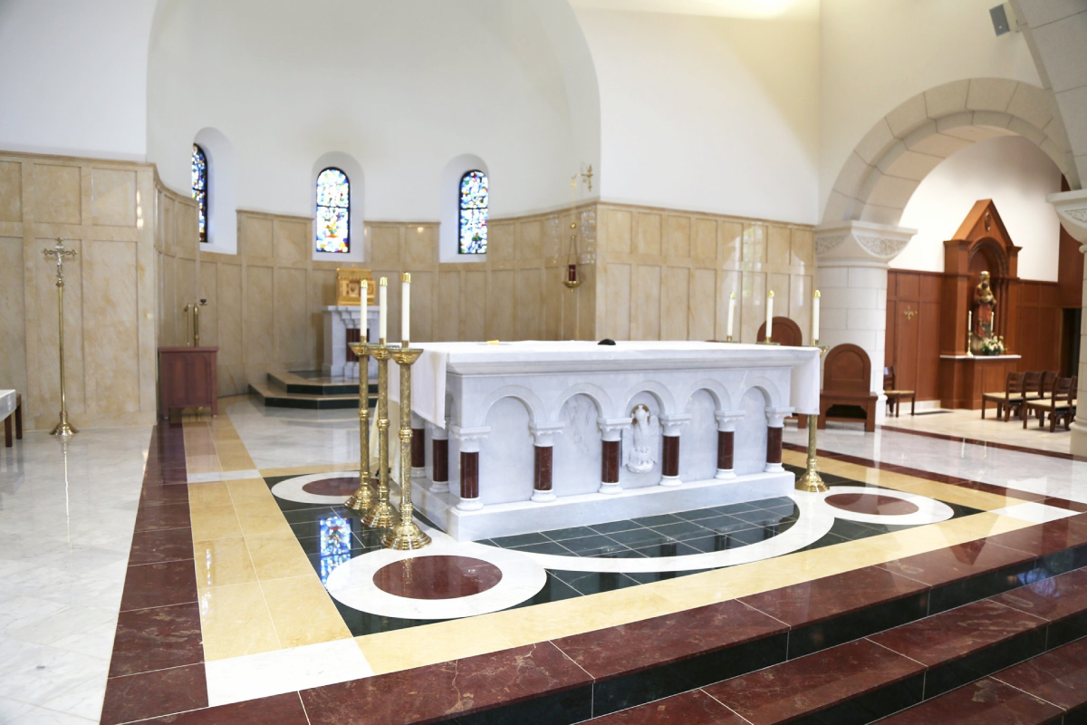 St. Thomas Aquinas University Parish , Charlottesville, Virginia, 2020 – Altar, Ambo, Tabernacle, Baptismal Font and custom multi pattern marble floor