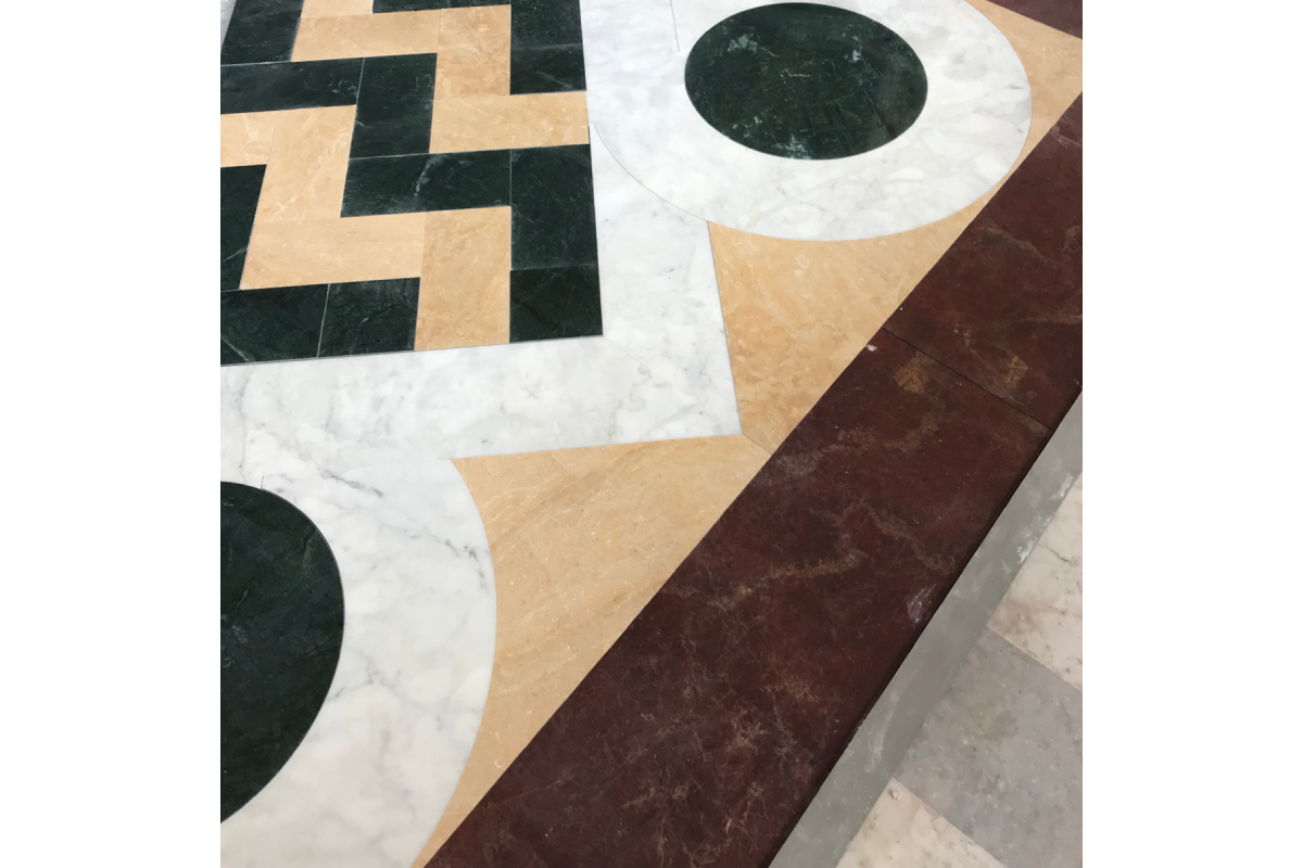 St. Thomas Aquinas University Parish , Charlottesville, Virginia, 2020 – Altar, Ambo, Tabernacle, Baptismal Font and custom multi pattern marble floor