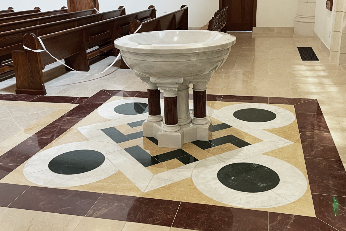 St. Thomas Aquinas University Parish , Charlottesville, Virginia, 2020 – Altar, Ambo, Tabernacle, Baptismal Font and custom multi pattern marble floor