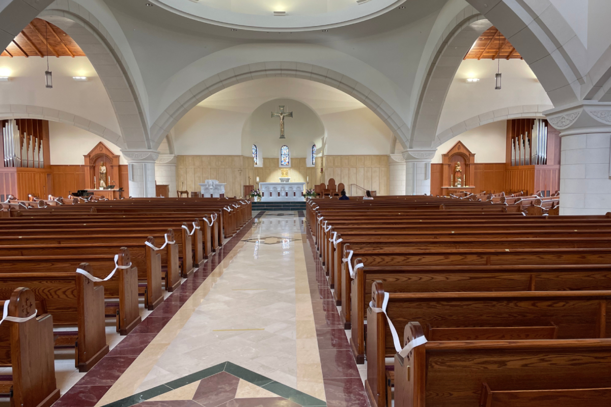 St. Thomas Aquinas University Parish , Charlottesville, Virginia, 2020 – Altar, Ambo, Tabernacle, Baptismal Font and custom multi pattern marble floor
