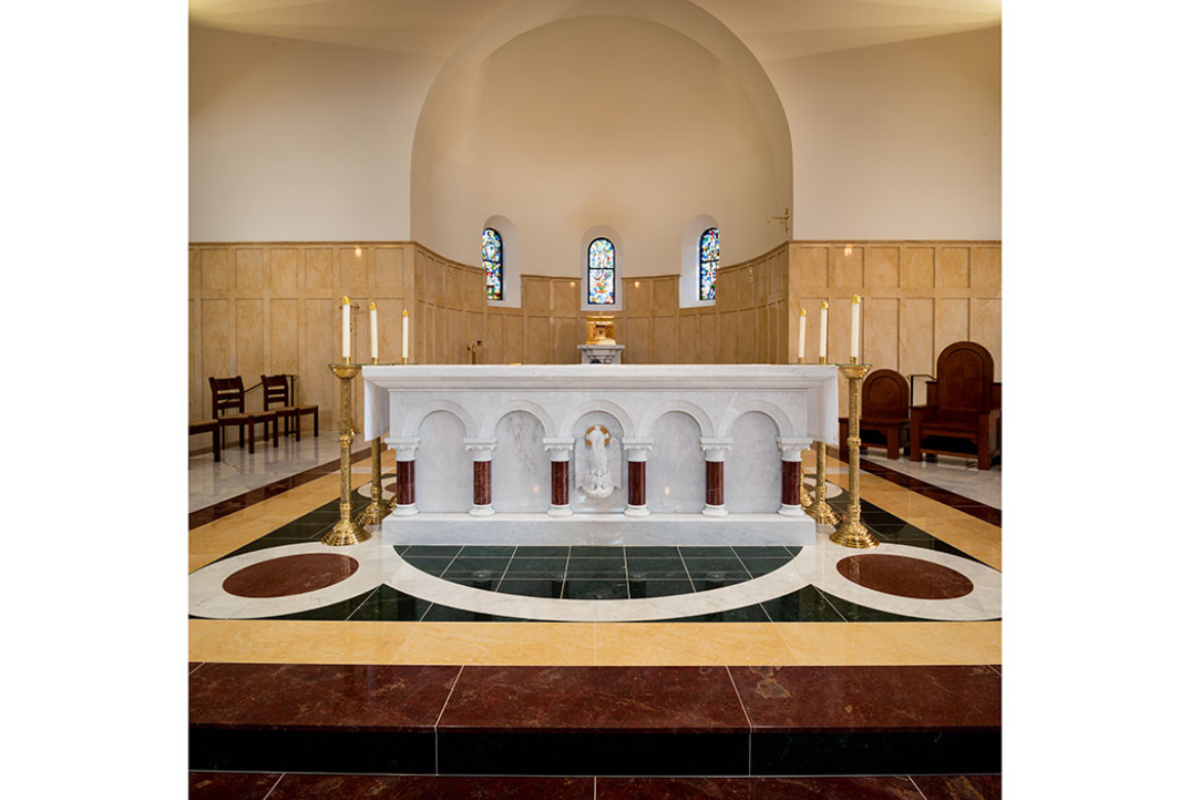 St. Thomas Aquinas University Parish , Charlottesville, Virginia, 2020 – Altar, Ambo, Tabernacle, Baptismal Font and custom multi pattern marble floor