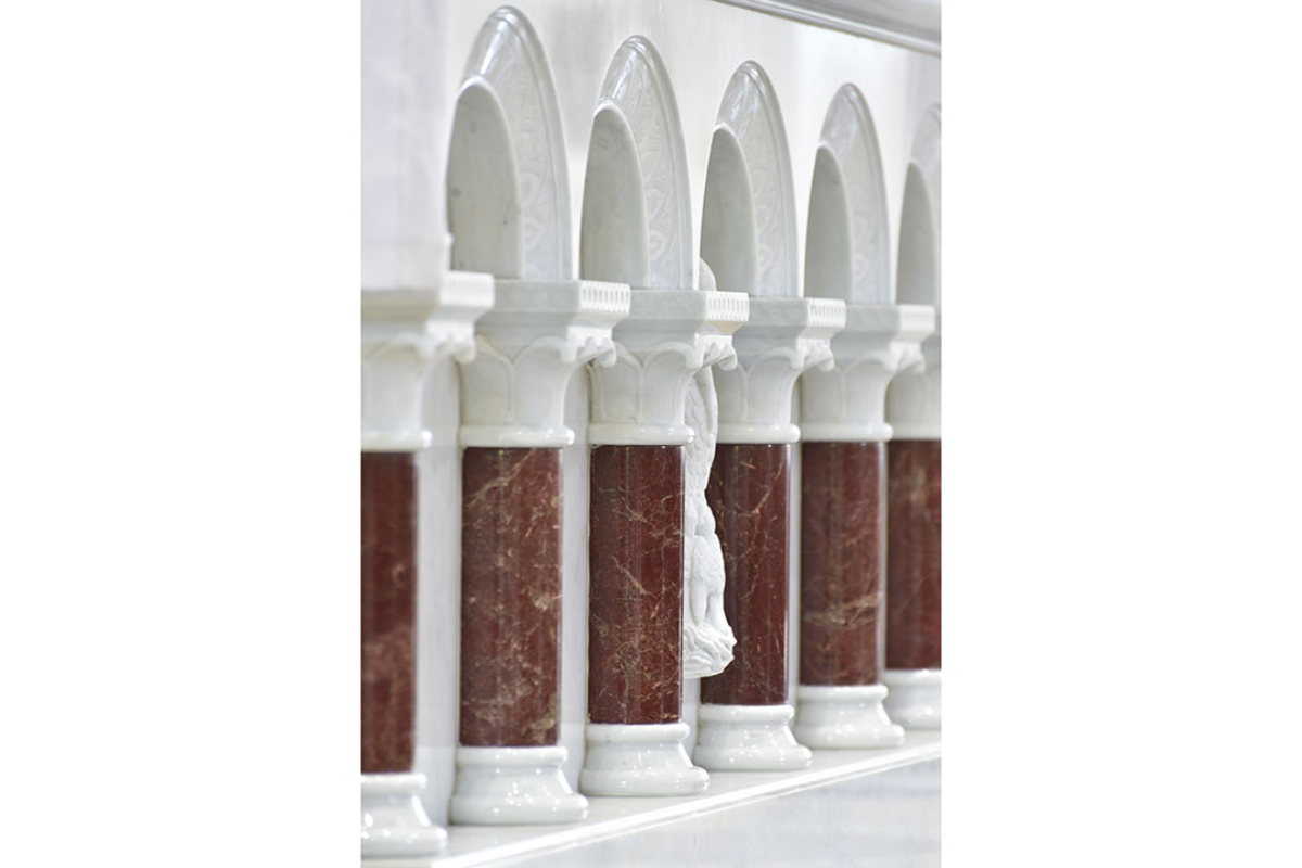 St. Thomas Aquinas University Parish , Charlottesville, Virginia, 2020 – Altar, Ambo, Tabernacle, Baptismal Font and custom multi pattern marble floor