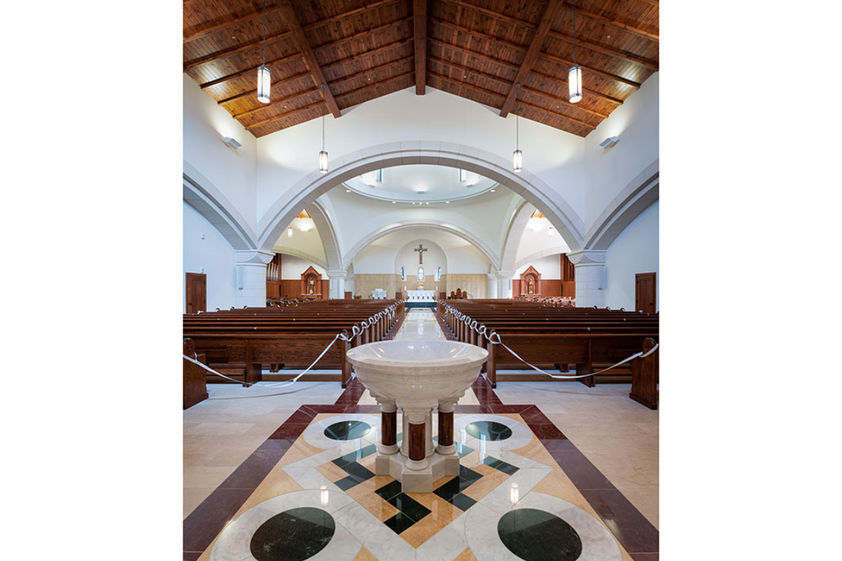St. Thomas Aquinas University Parish , Charlottesville, Virginia, 2020 – Altar, Ambo, Tabernacle, Baptismal Font and custom multi pattern marble floor