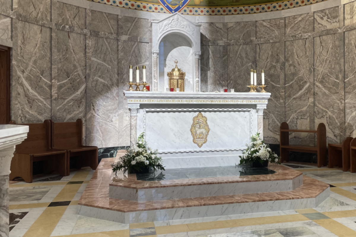 St. John Newman Center – Oklahoma State University , Stillwater, Oklahoma, 2023 – Altar , Ambo, Tabernacle, Baptismal Font and marble flooring