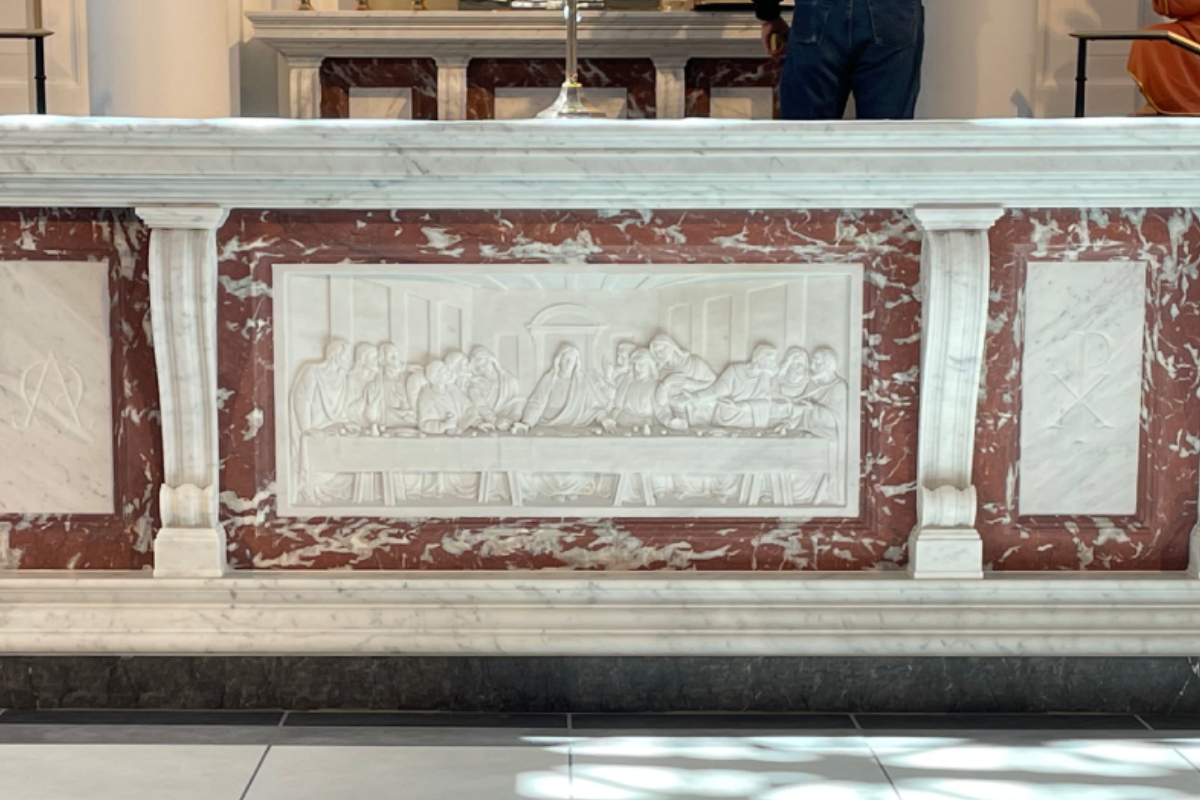 St. Mary of Sorrow Catholic Church, Fairfax, Virginia, 2021 – Altar, Tabernacle Stand and Baptismal Font