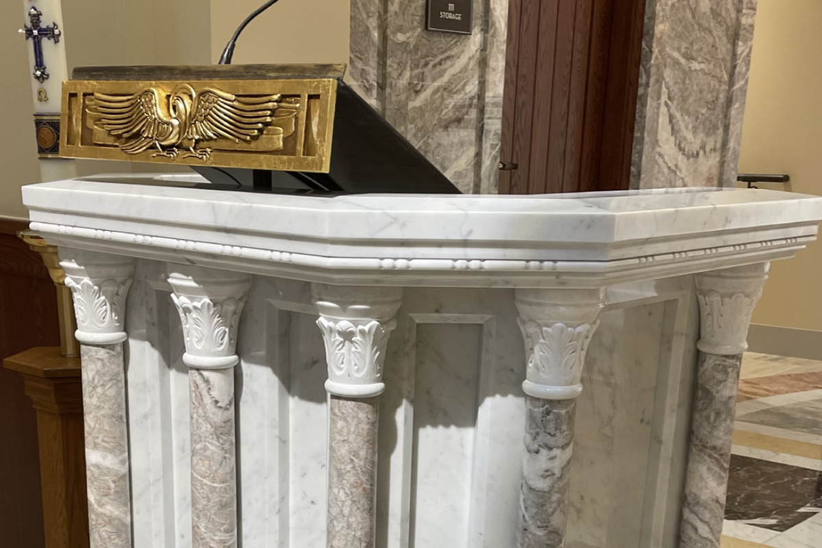 St. John Newman Center – Oklahoma State University , Stillwater, Oklahoma, 2023 – Altar , Ambo, Tabernacle, Baptismal Font and marble flooring