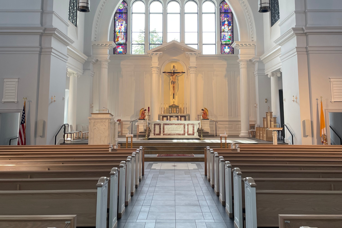 St. Mary of Sorrow Catholic Church, Fairfax, Virginia, 2021 – Altar, Tabernacle Stand and Baptismal Font