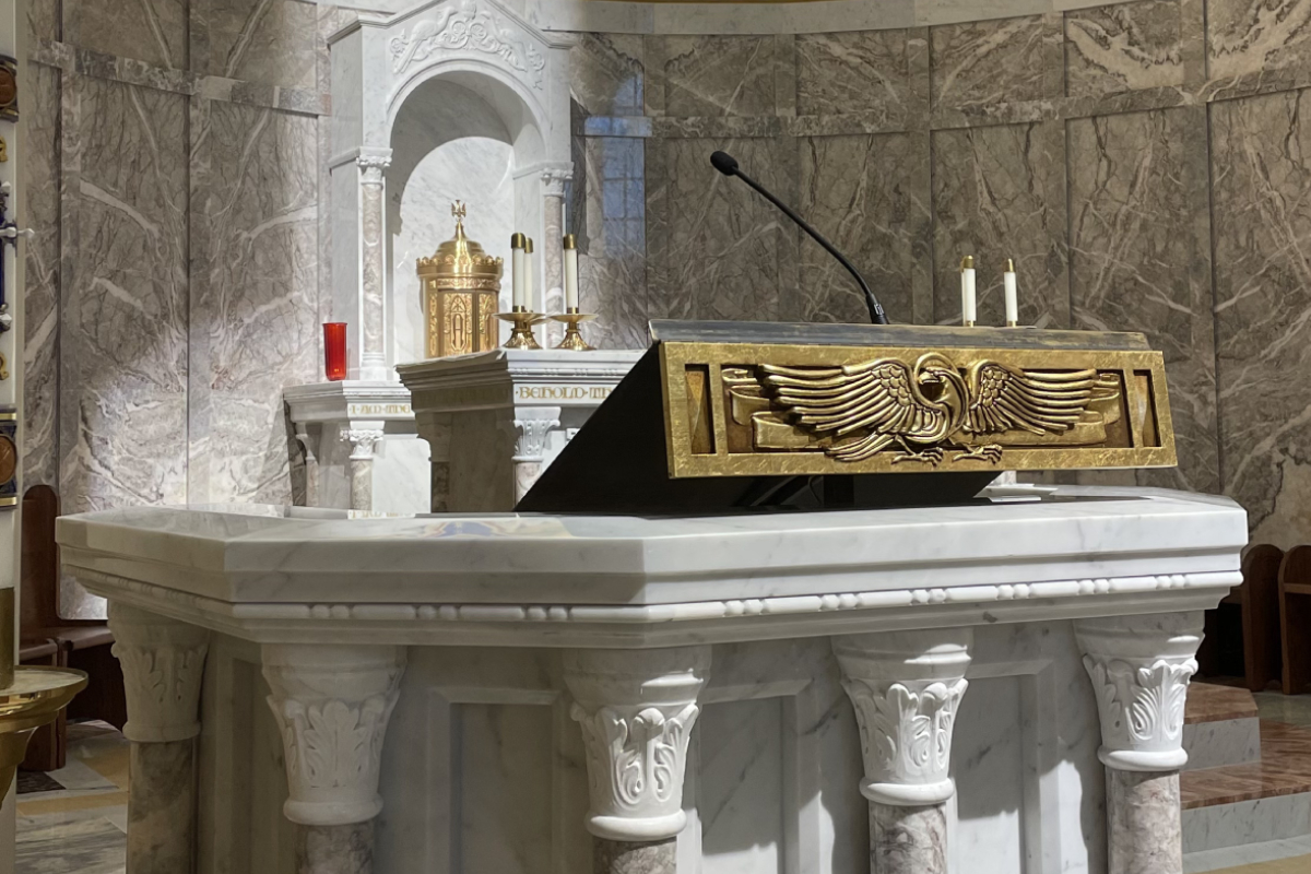 St. John Newman Center – Oklahoma State University , Stillwater, Oklahoma, 2023 – Altar , Ambo, Tabernacle, Baptismal Font and marble flooring