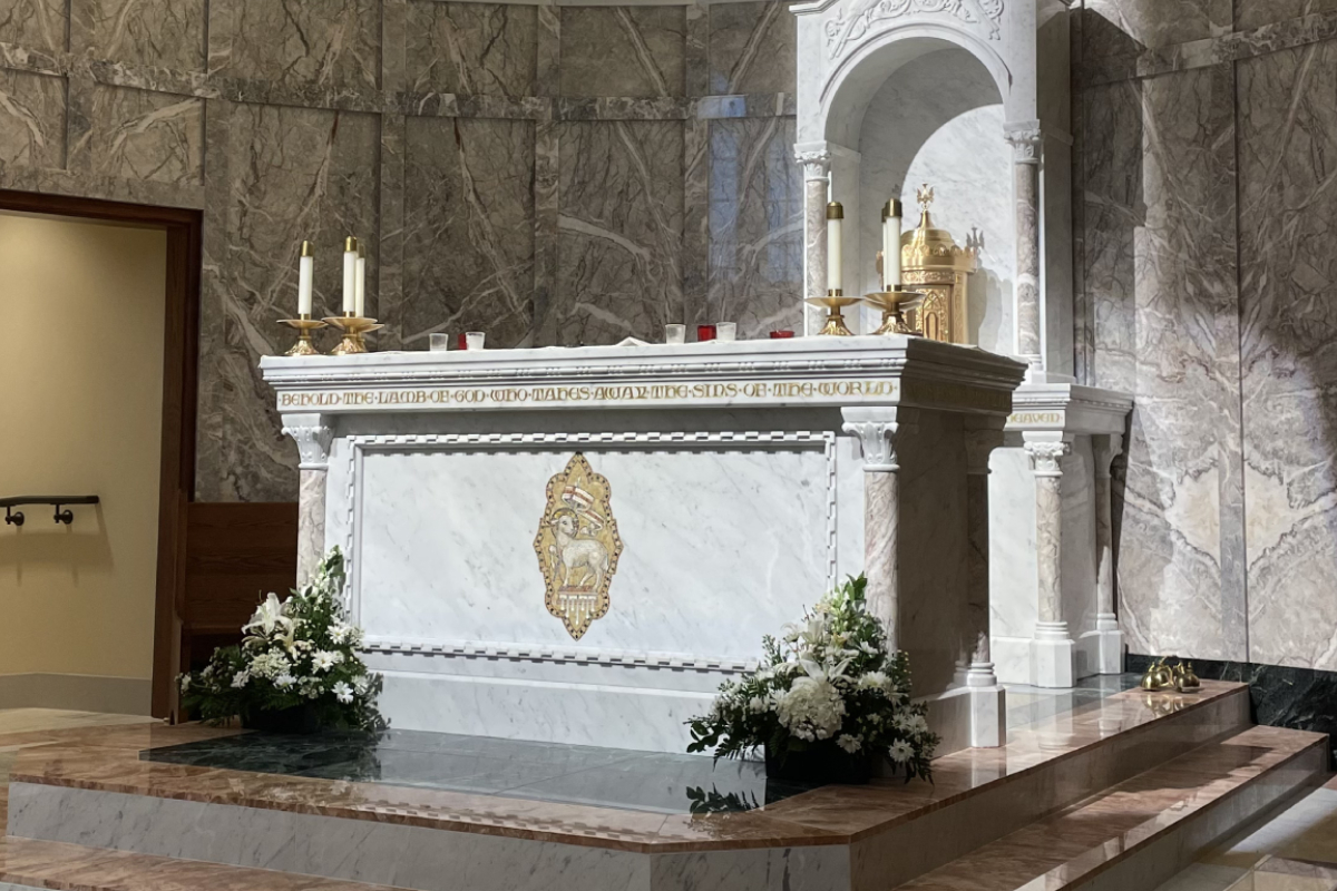 St. John Newman Center – Oklahoma State University , Stillwater, Oklahoma, 2023 – Altar , Ambo, Tabernacle, Baptismal Font and marble flooring