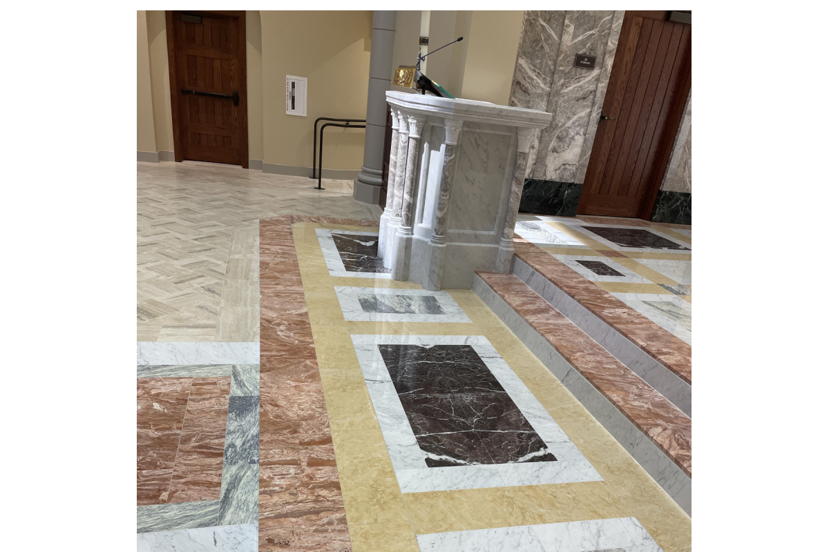 St. John Newman Center – Oklahoma State University , Stillwater, Oklahoma, 2023 – Altar , Ambo, Tabernacle, Baptismal Font and marble flooring