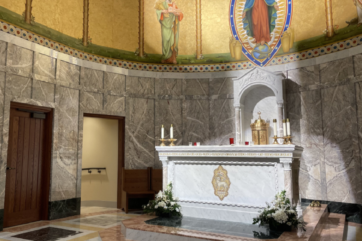 St. John Newman Center – Oklahoma State University , Stillwater, Oklahoma, 2023 – Altar , Ambo, Tabernacle, Baptismal Font and marble flooring