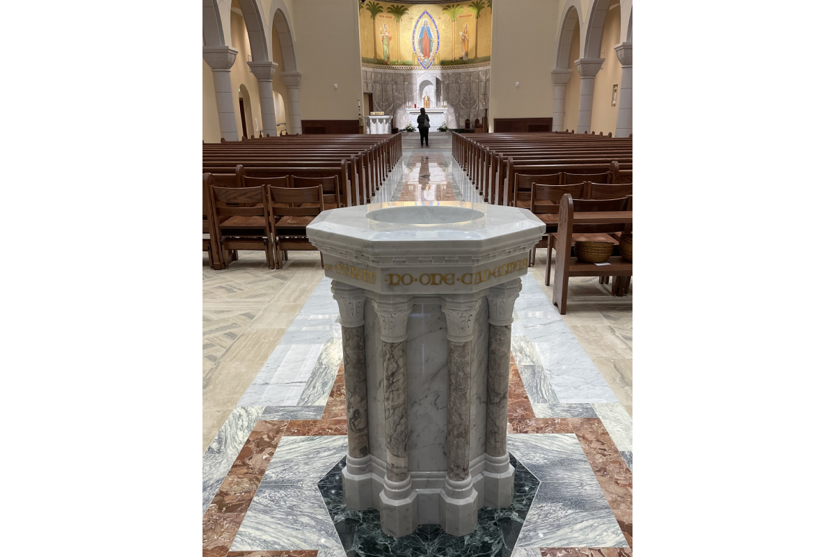 St. John Newman Center – Oklahoma State University , Stillwater, Oklahoma, 2023 – Altar , Ambo, Tabernacle, Baptismal Font and marble flooring