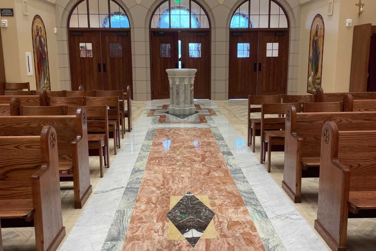St. John Newman Center – Oklahoma State University , Stillwater, Oklahoma, 2023 – Altar , Ambo, Tabernacle, Baptismal Font and marble flooring